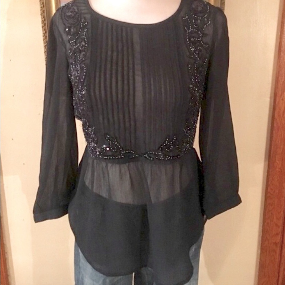 Maeve Anthropology Sheer Navy Beaded Long Sleeve Blouse With Pleating Size 4